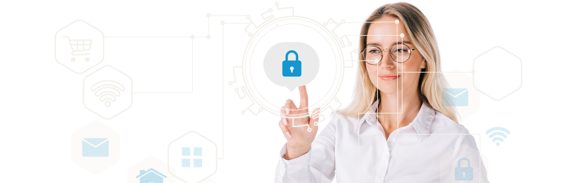 portrait of smiling woman in formal wear pointing at cyber security sign